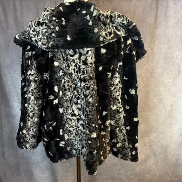 La Seine Black & White Faux Fur Leopard Coat Women’s Large Cropped Winter Jacket - Picture 13 of 14